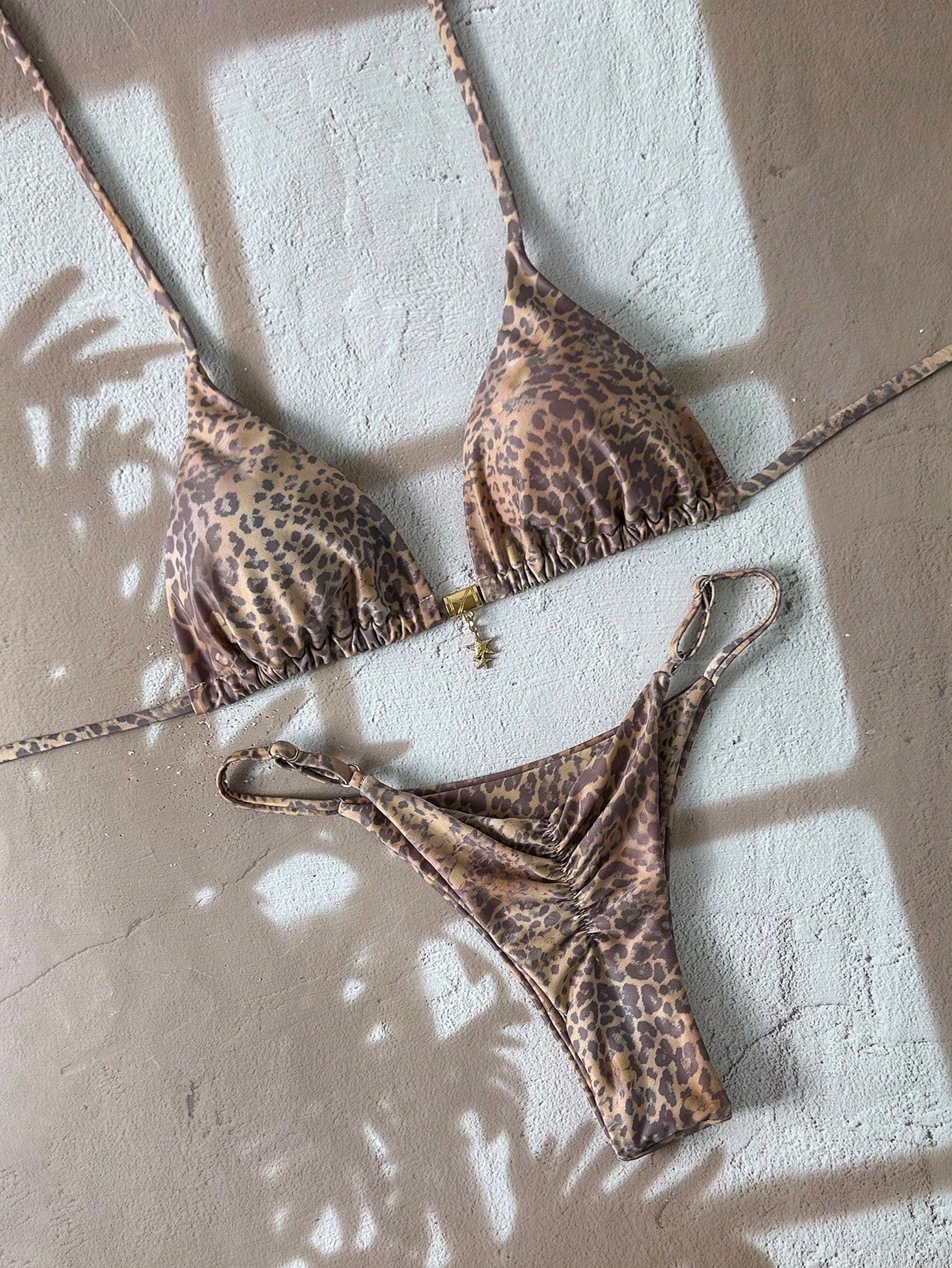 Elavelle Springbreak Women's Random Print Spaghetti Strap Metallic Decor Sexy Bikini Set, Summer Beachwear