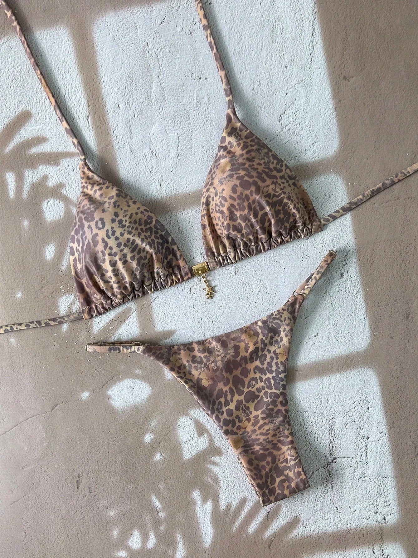 Elavelle Springbreak Women's Random Print Spaghetti Strap Metallic Decor Sexy Bikini Set, Summer Beachwear