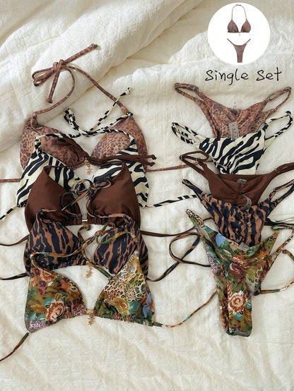 Elavelle Springbreak Women's Random Print Spaghetti Strap Metallic Decor Sexy Bikini Set, Summer Beachwear
