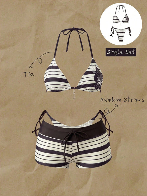 Elavelle Women's Floral & Striped Print Halter Tie Sexy Bikini Two-Piece Swimsuit Set For Vacation