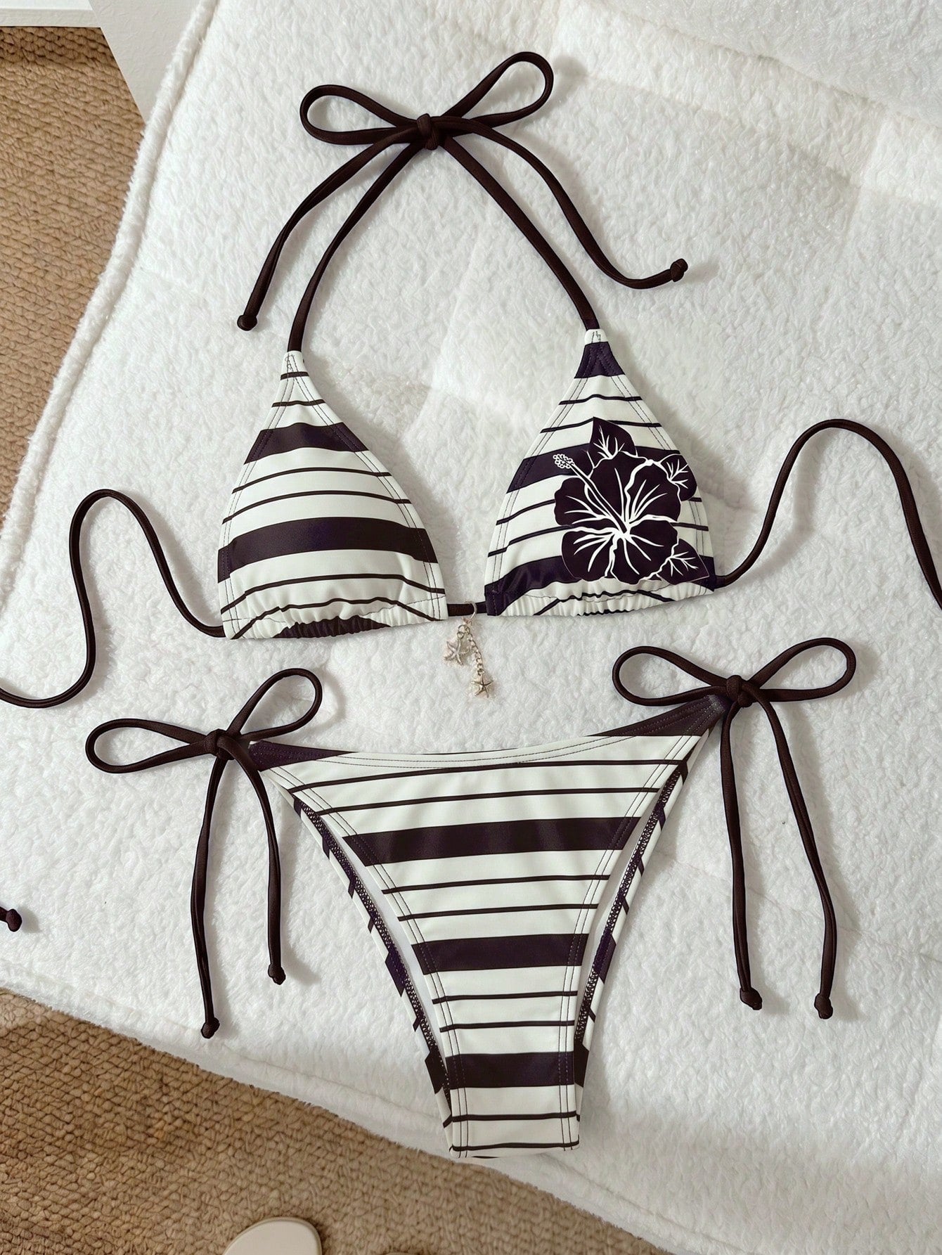 Elavelle Women's Floral & Striped Print Halter Tie Sexy Bikini Two-Piece Swimsuit Set For Vacation