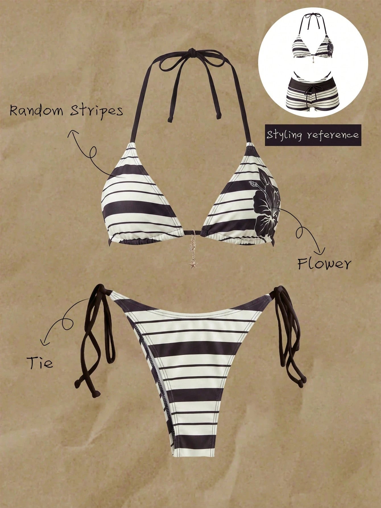Elavelle Women's Floral & Striped Print Halter Tie Sexy Bikini Two-Piece Swimsuit Set For Vacation