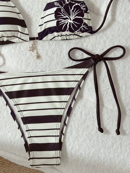 Elavelle Women's Floral & Striped Print Halter Tie Sexy Bikini Two-Piece Swimsuit Set For Vacation