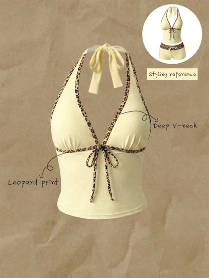 Elavelle Women's Random Print Spaghetti Strap Bow Tie Camisole Bikini Top, Spring/Summer