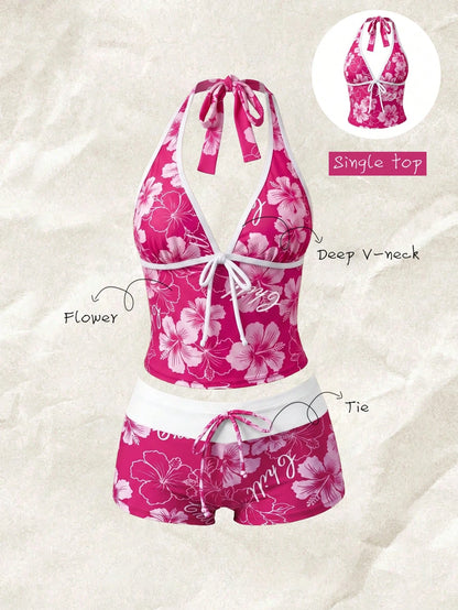 Elavelle Women's Random Print Spaghetti Strap Bow Tie Camisole Bikini Top, Spring/Summer