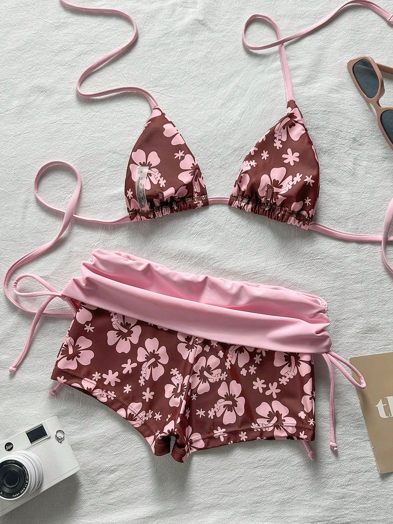 Elavelle Women's Soft Pink & Brown Colorblock Floral Two Pieces Swimsuit, Halter Strap Bikini, Flattering Coverage, Fl