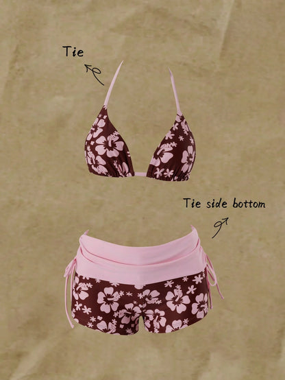 Elavelle Women's Soft Pink & Brown Colorblock Floral Two Pieces Swimsuit, Halter Strap Bikini, Flattering Coverage, Fl