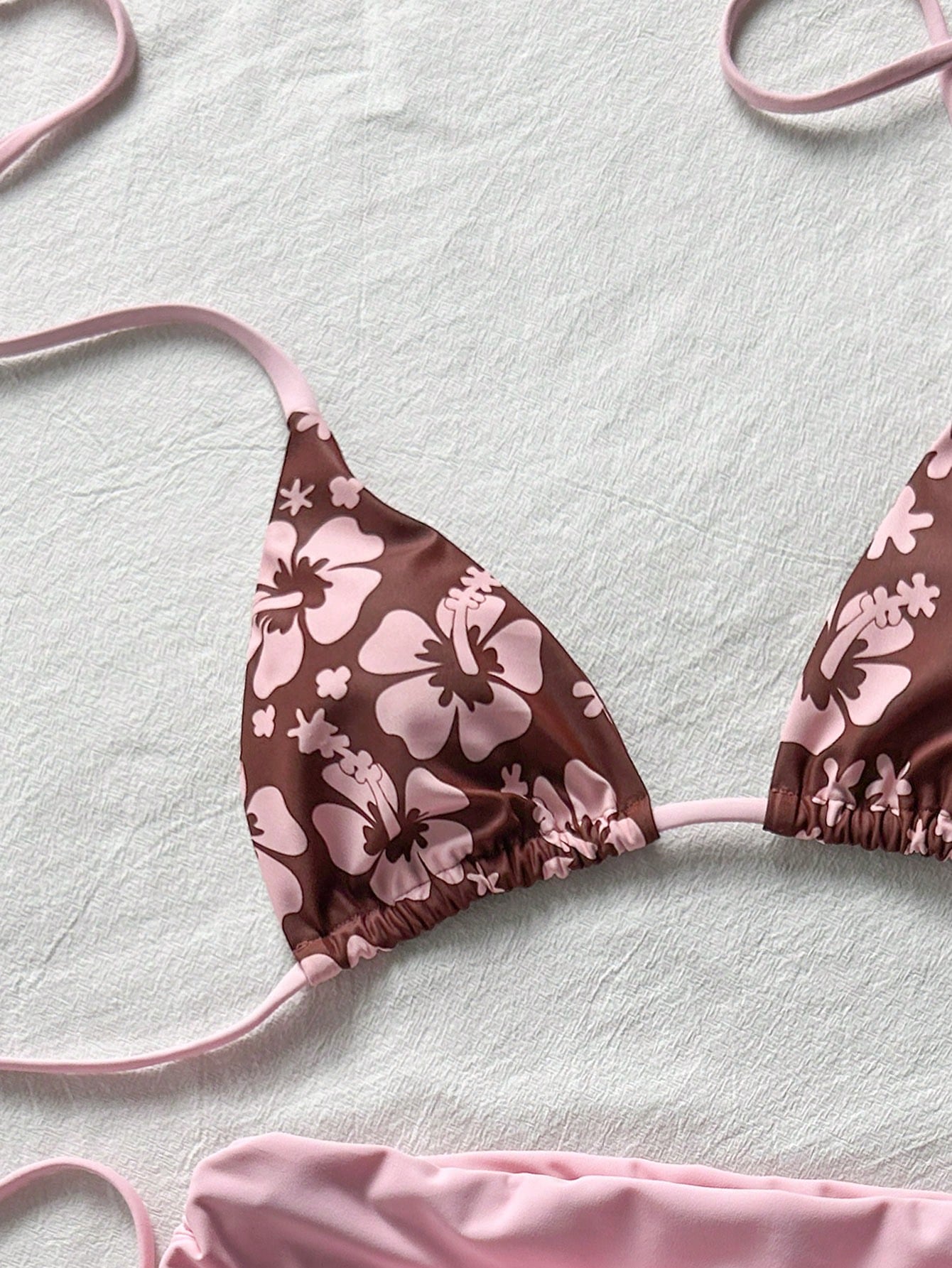 Elavelle Women's Soft Pink & Brown Colorblock Floral Two Pieces Swimsuit, Halter Strap Bikini, Flattering Coverage, Fl
