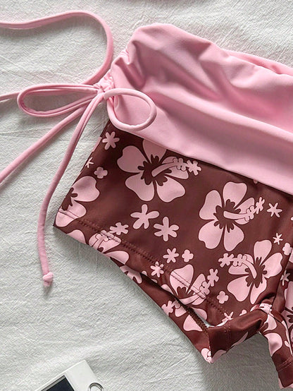 Elavelle Women's Soft Pink & Brown Colorblock Floral Two Pieces Swimsuit, Halter Strap Bikini, Flattering Coverage, Fl