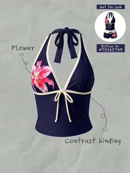 Elavelle Women's Spring/Summer Bowknot Spaghetti Strap Printed Bikini Top