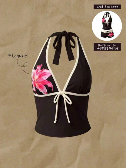 Elavelle Women's Spring/Summer Bowknot Spaghetti Strap Printed Bikini Top