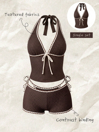 Elavelle Women's Spring/Summer Jacquard Fabric Spaghetti Strap Bowknot Bikini Top