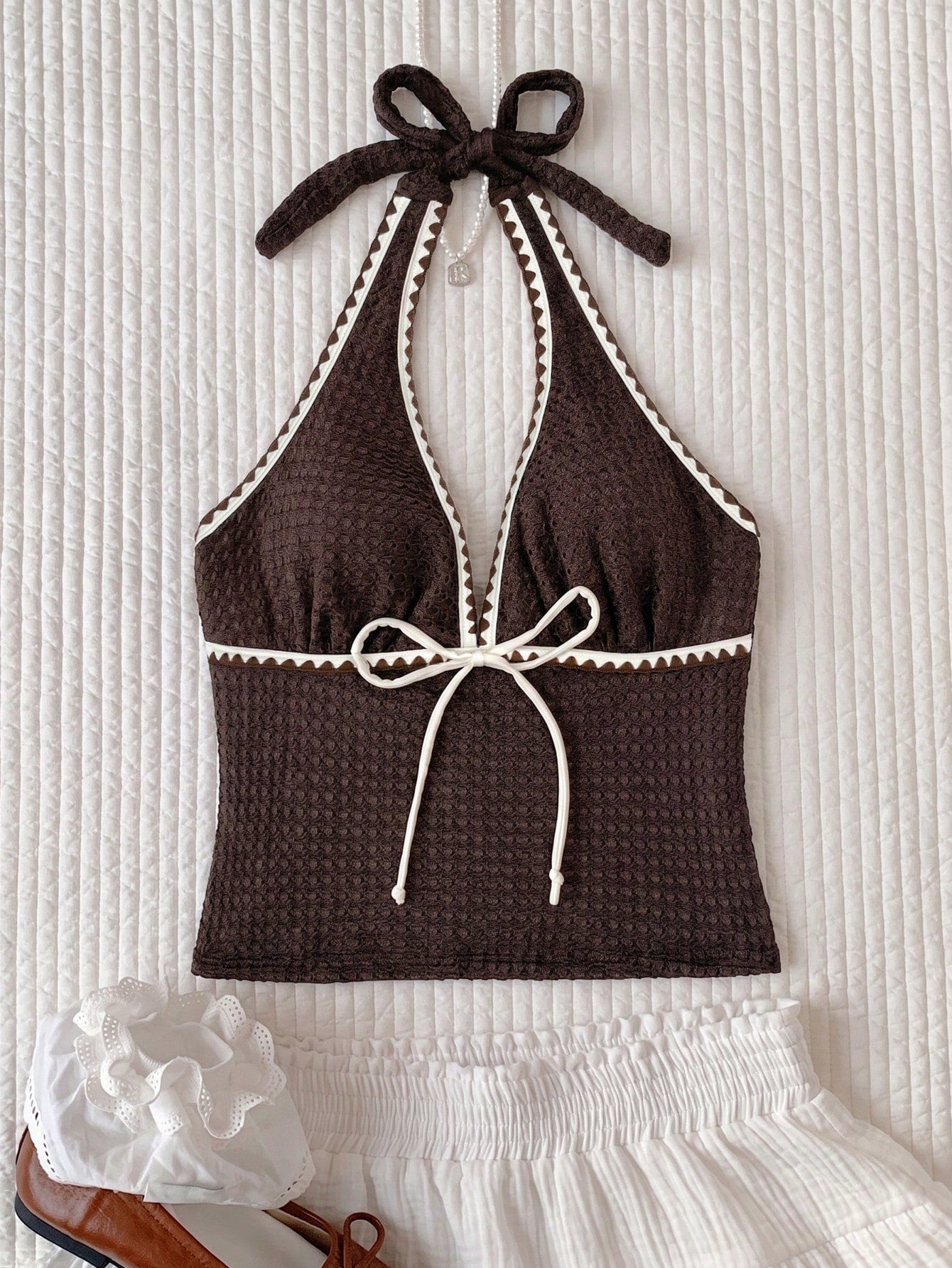 Elavelle Women's Spring/Summer Jacquard Fabric Spaghetti Strap Bowknot Bikini Top