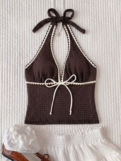Elavelle Women's Spring/Summer Jacquard Fabric Spaghetti Strap Bowknot Bikini Top