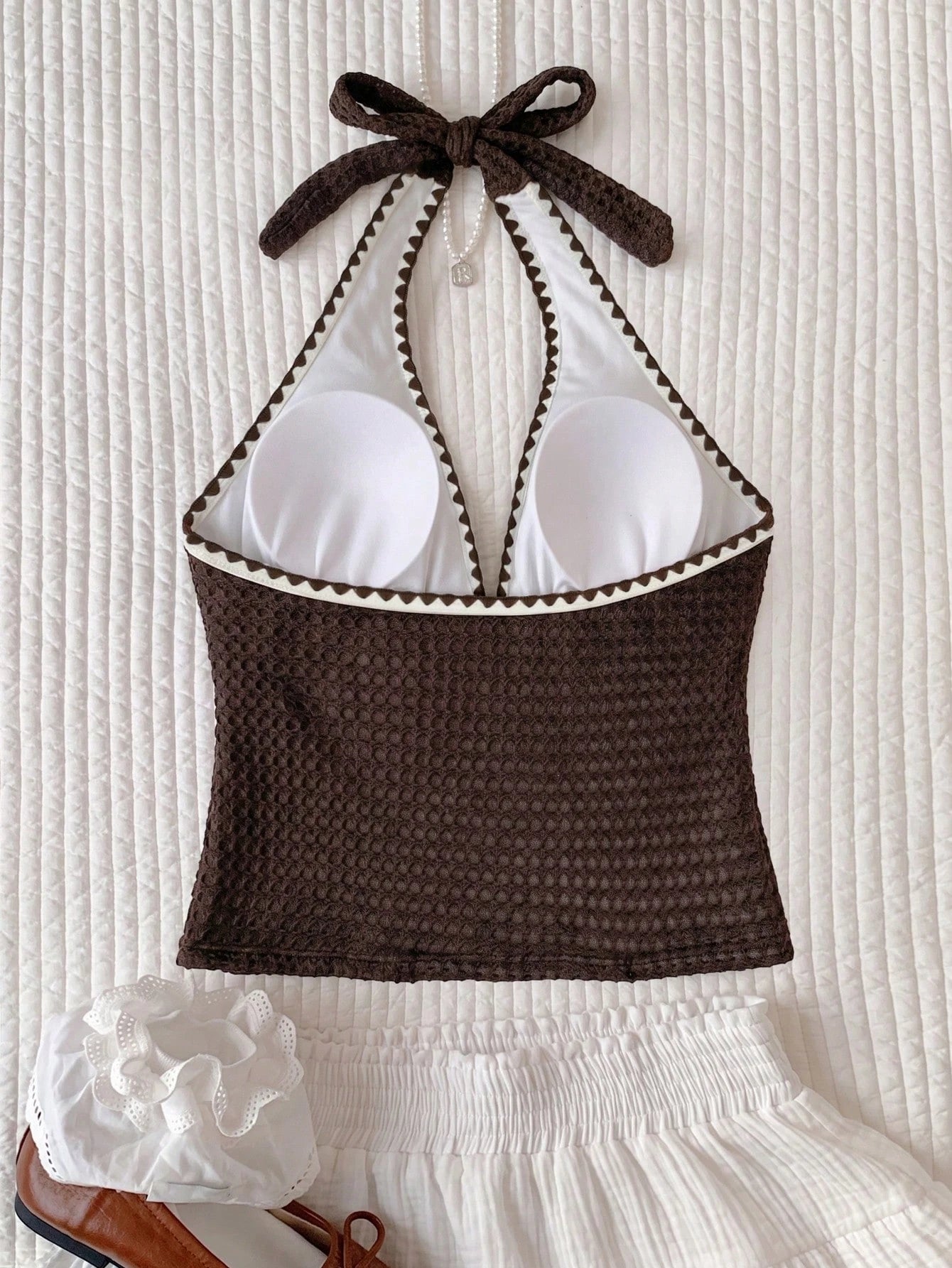 Elavelle Women's Spring/Summer Jacquard Fabric Spaghetti Strap Bowknot Bikini Top