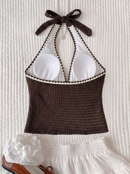 Elavelle Women's Spring/Summer Jacquard Fabric Spaghetti Strap Bowknot Bikini Top
