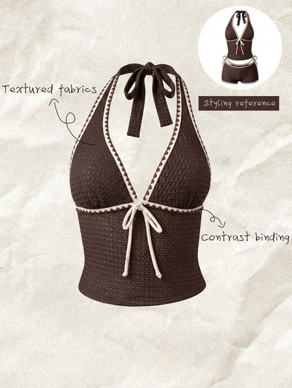 Elavelle Women's Spring/Summer Jacquard Fabric Spaghetti Strap Bowknot Bikini Top