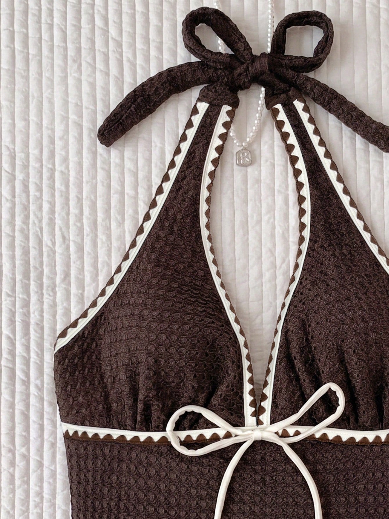 Elavelle Women's Spring/Summer Jacquard Fabric Spaghetti Strap Bowknot Bikini Top