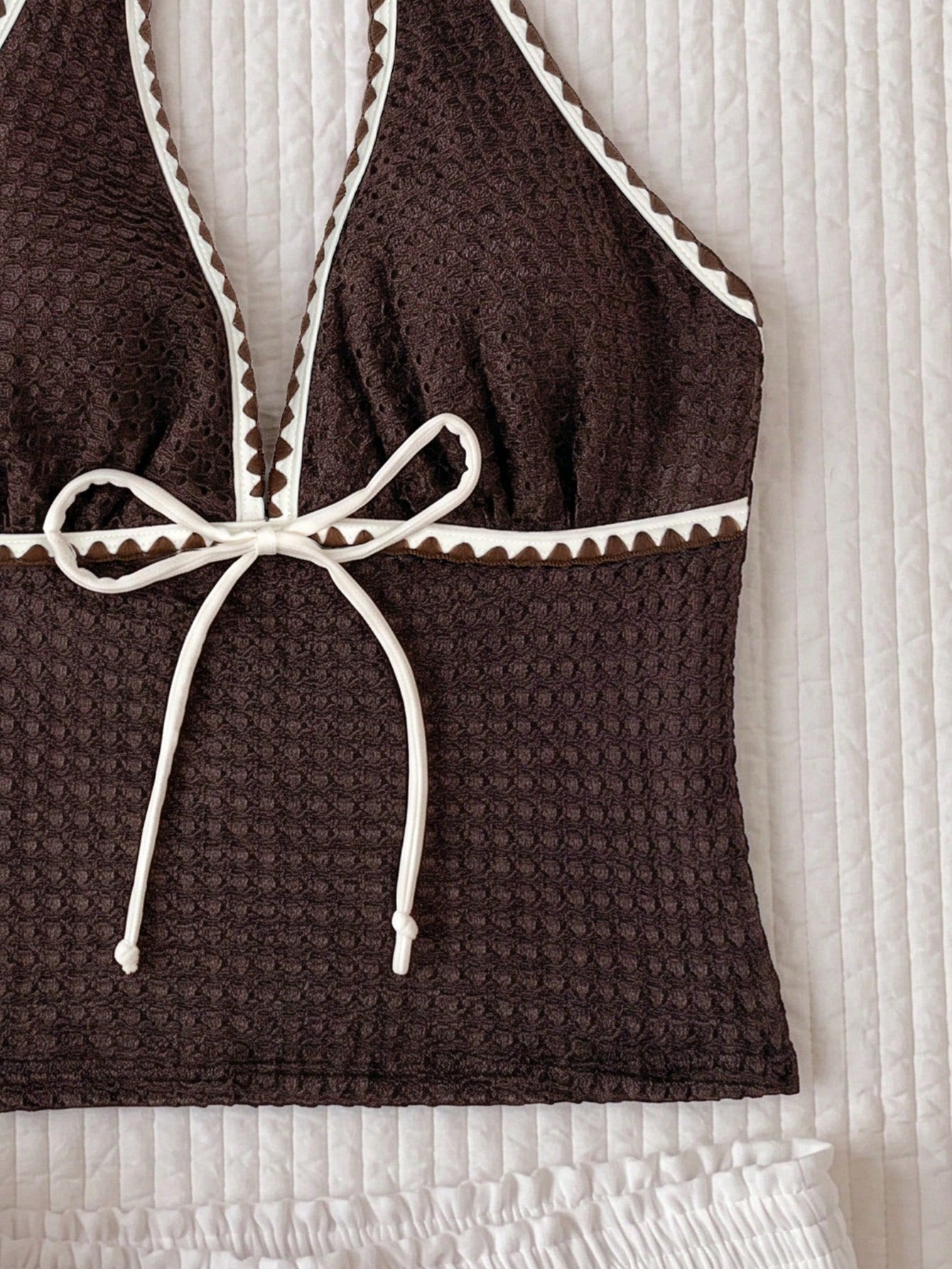 Elavelle Women's Spring/Summer Jacquard Fabric Spaghetti Strap Bowknot Bikini Top