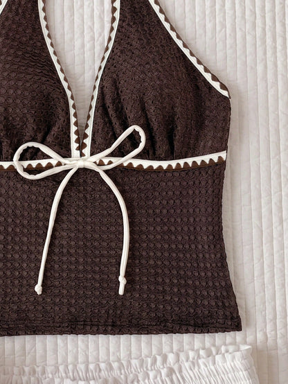 Elavelle Women's Spring/Summer Jacquard Fabric Spaghetti Strap Bowknot Bikini Top