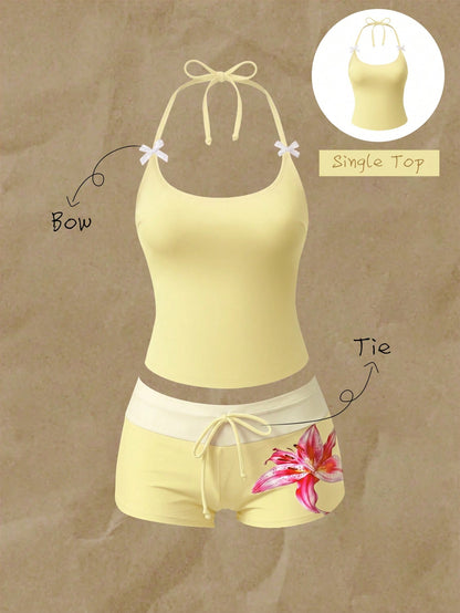 Elavelle Women's Spring/Summer Random Print Halter Neck Bow Decor Bikini Set