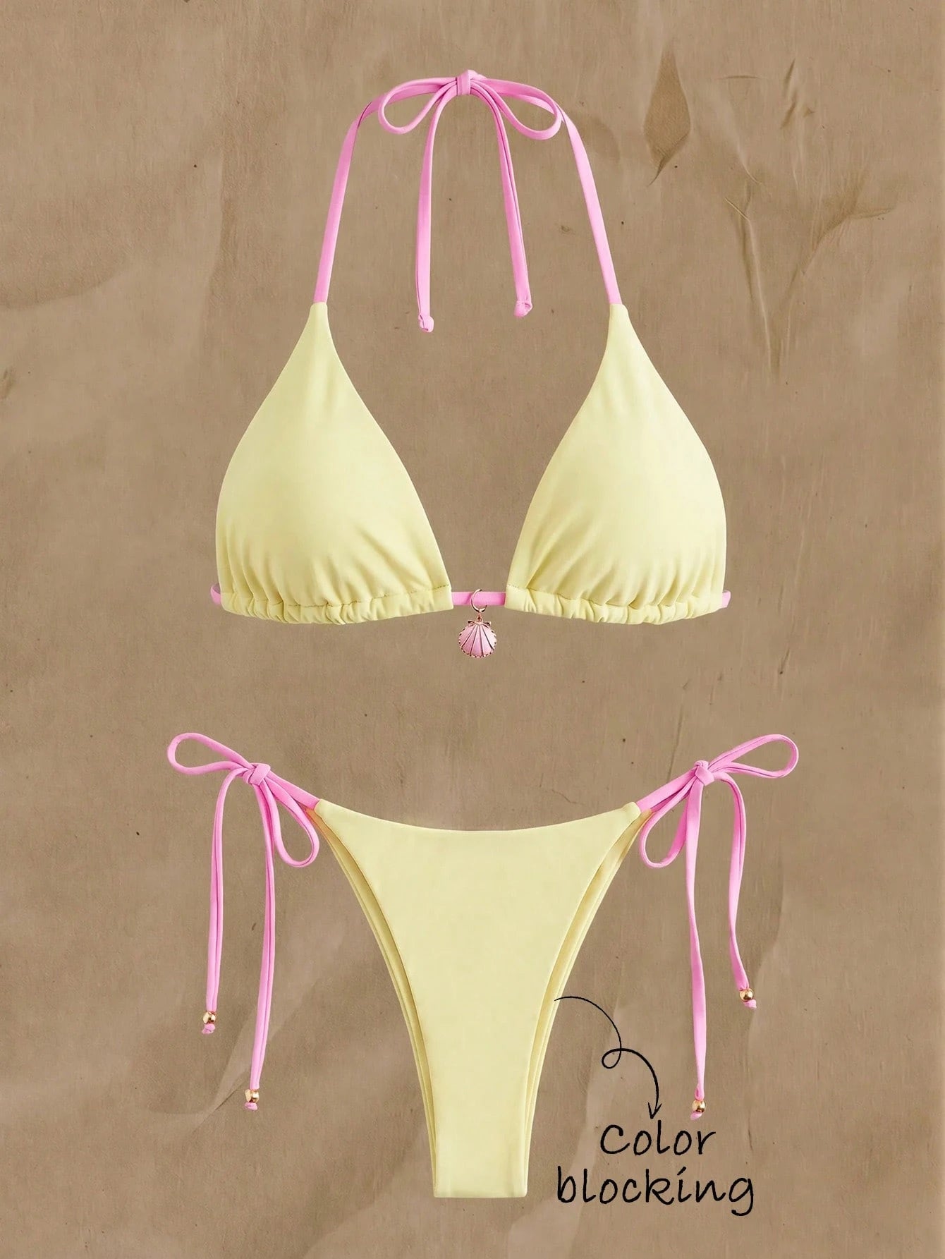Elavelle Yellow & Pink Contrast Spaghetti Strap Bikini Two Pieces Swimsuit,Shell Pendant Side-Cut Lace-Up Summer Casual Beach Holiday Vacation,Holiday Sweet