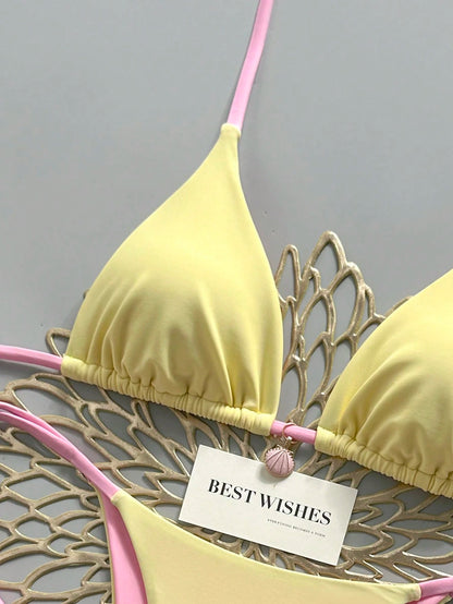 Elavelle Yellow & Pink Contrast Spaghetti Strap Bikini Two Pieces Swimsuit,Shell Pendant Side-Cut Lace-Up Summer Casual Beach Holiday Vacation,Holiday Sweet