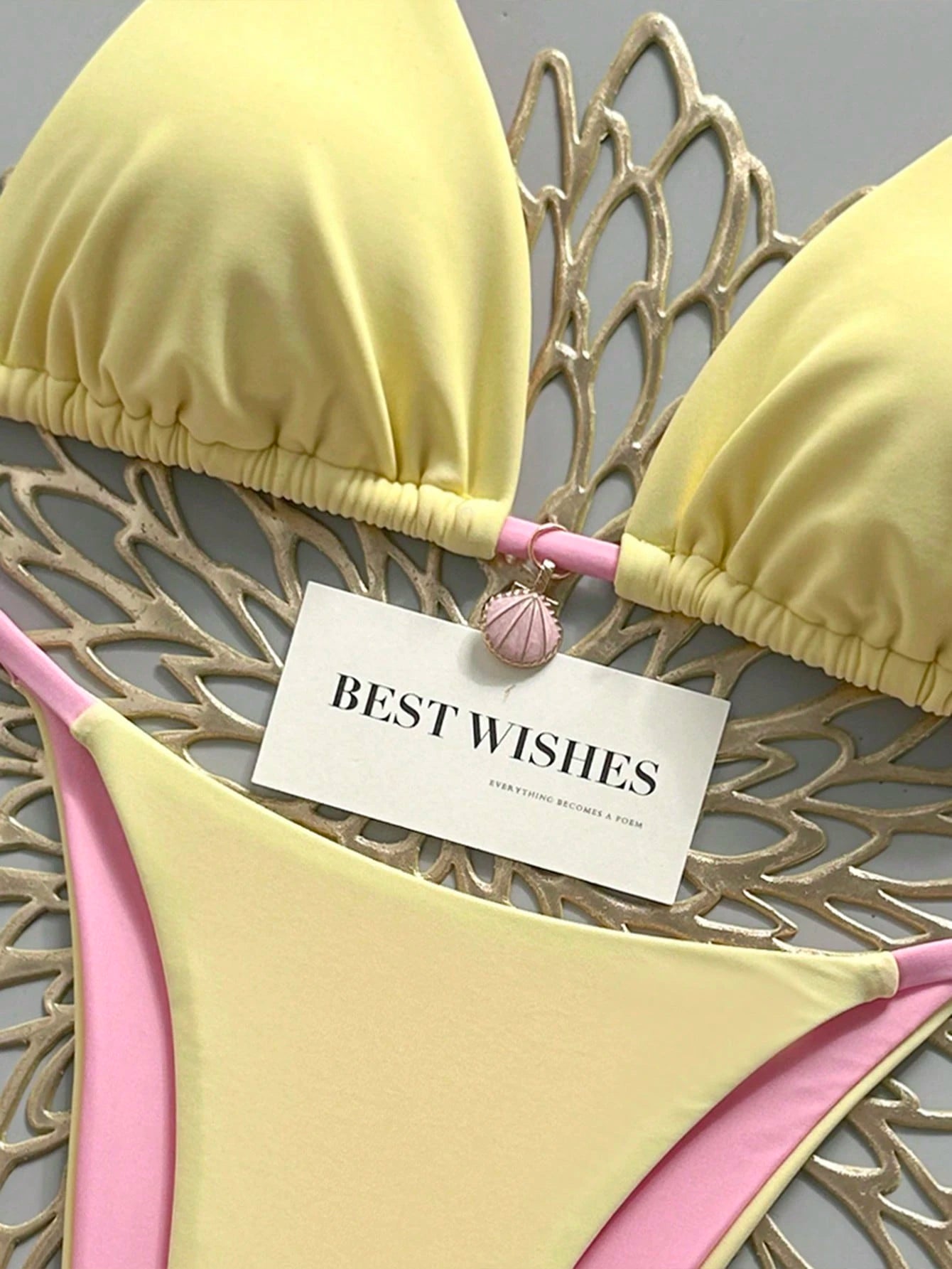 Elavelle Yellow & Pink Contrast Spaghetti Strap Bikini Two Pieces Swimsuit,Shell Pendant Side-Cut Lace-Up Summer Casual Beach Holiday Vacation,Holiday Sweet