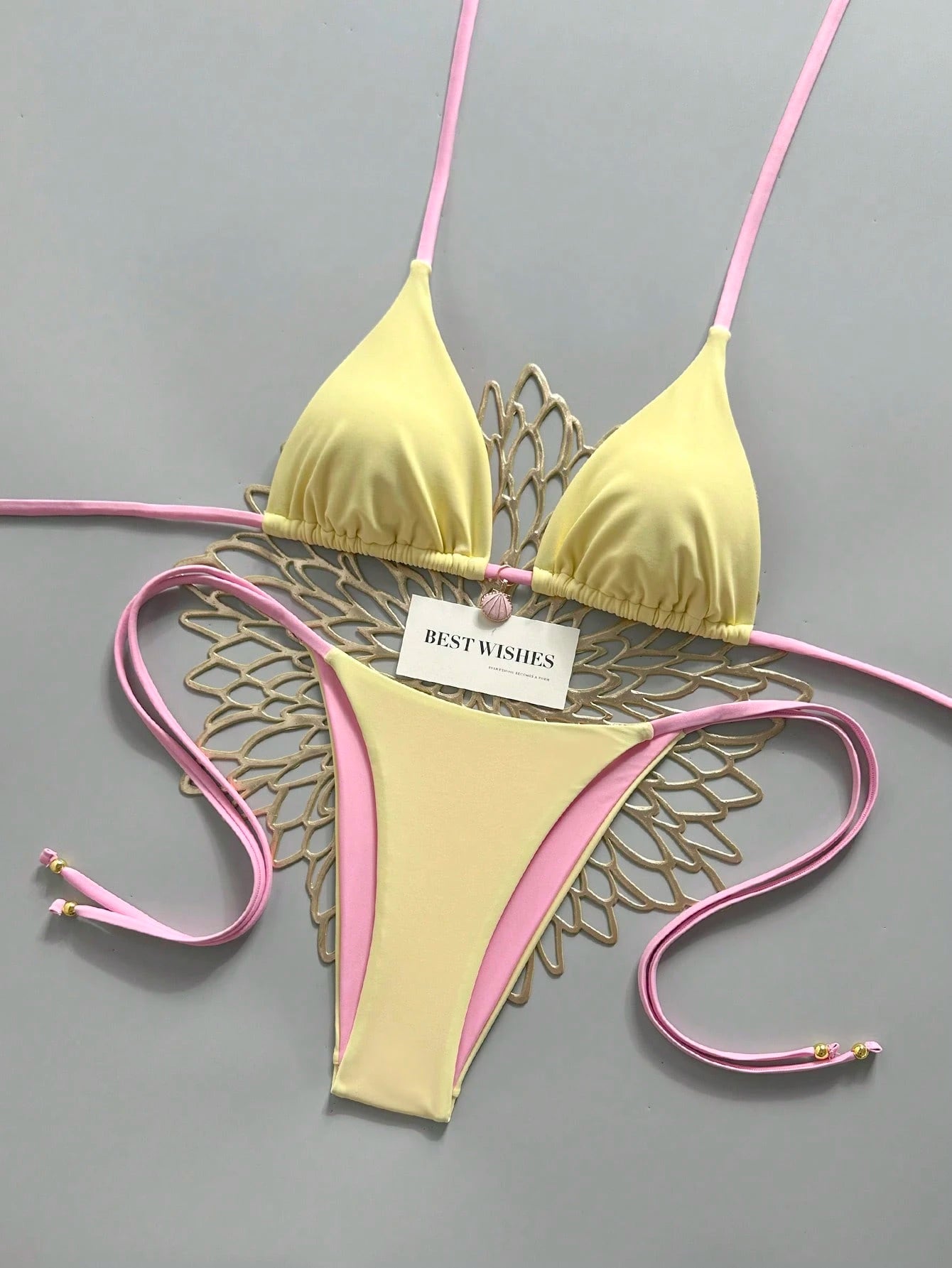 Elavelle Yellow & Pink Contrast Spaghetti Strap Bikini Two Pieces Swimsuit,Shell Pendant Side-Cut Lace-Up Summer Casual Beach Holiday Vacation,Holiday Sweet