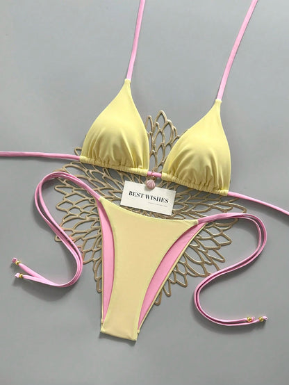 Elavelle Yellow & Pink Contrast Spaghetti Strap Bikini Two Pieces Swimsuit,Shell Pendant Side-Cut Lace-Up Summer Casual Beach Holiday Vacation,Holiday Sweet