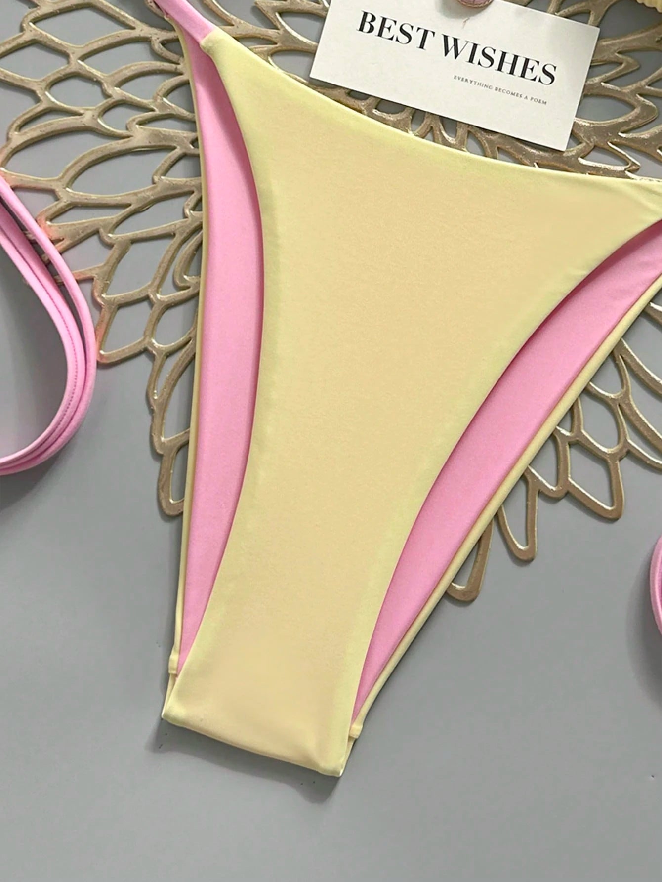 Elavelle Yellow & Pink Contrast Spaghetti Strap Bikini Two Pieces Swimsuit,Shell Pendant Side-Cut Lace-Up Summer Casual Beach Holiday Vacation,Holiday Sweet