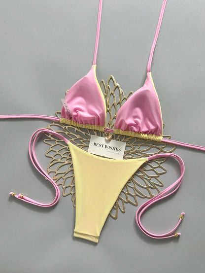 Elavelle Yellow & Pink Contrast Spaghetti Strap Bikini Two Pieces Swimsuit,Shell Pendant Side-Cut Lace-Up Summer Casual Beach Holiday Vacation,Holiday Sweet