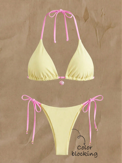 Elavelle Yellow & Pink Contrast Spaghetti Strap Bikini Two Pieces Swimsuit,Shell Pendant Side-Cut Lace-Up Summer Casual Beach Holiday Vacation,Holiday Sweet