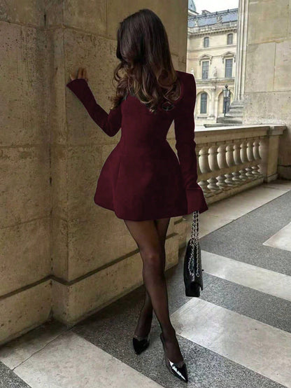 Elegant Basic Business Commuter Blazer Dress, Waist Cinched Backless Long Sleeve Dress Party Spring