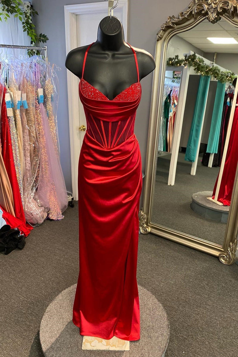 Elegant Beaded Fuchsia Satin Mermaid Long Formal Dress