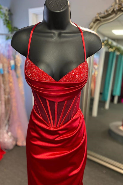 Elegant Beaded Fuchsia Satin Mermaid Long Formal Dress