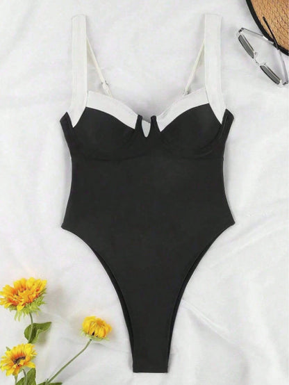 Elegant Black And White Wide Strap One-Piece Swimsuit, Sexy Swimwear Suitable For Beach Vacation And Party Summer