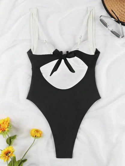 Elegant Black And White Wide Strap One-Piece Swimsuit, Sexy Swimwear Suitable For Beach Vacation And Party Summer