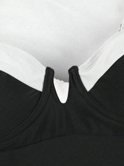 Elegant Black And White Wide Strap One-Piece Swimsuit, Sexy Swimwear Suitable For Beach Vacation And Party Summer
