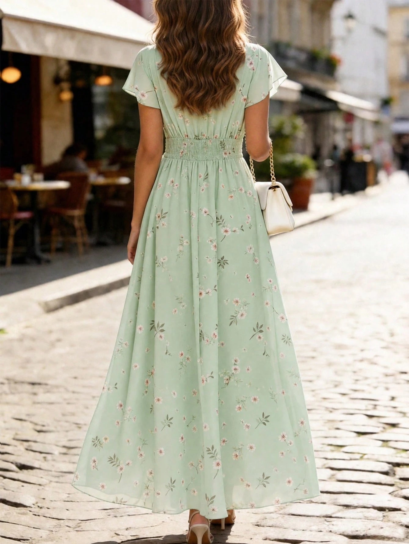 Elegant Chiffon Floral Print V-Neck Cashier Counter Dress, Vintage Fashionable Vacation Commute Vacation Wear For Women Mint Green Summer