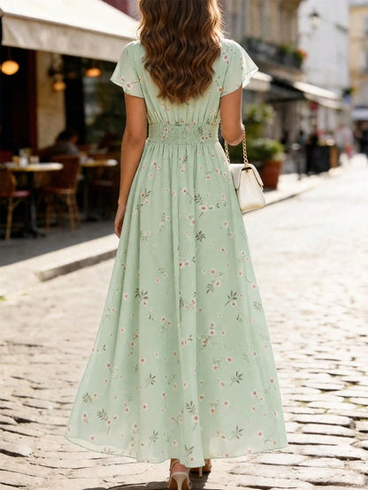 Elegant Chiffon Floral Print V-Neck Cashier Counter Dress, Vintage Fashionable Vacation Commute Vacation Wear For Women Mint Green Summer