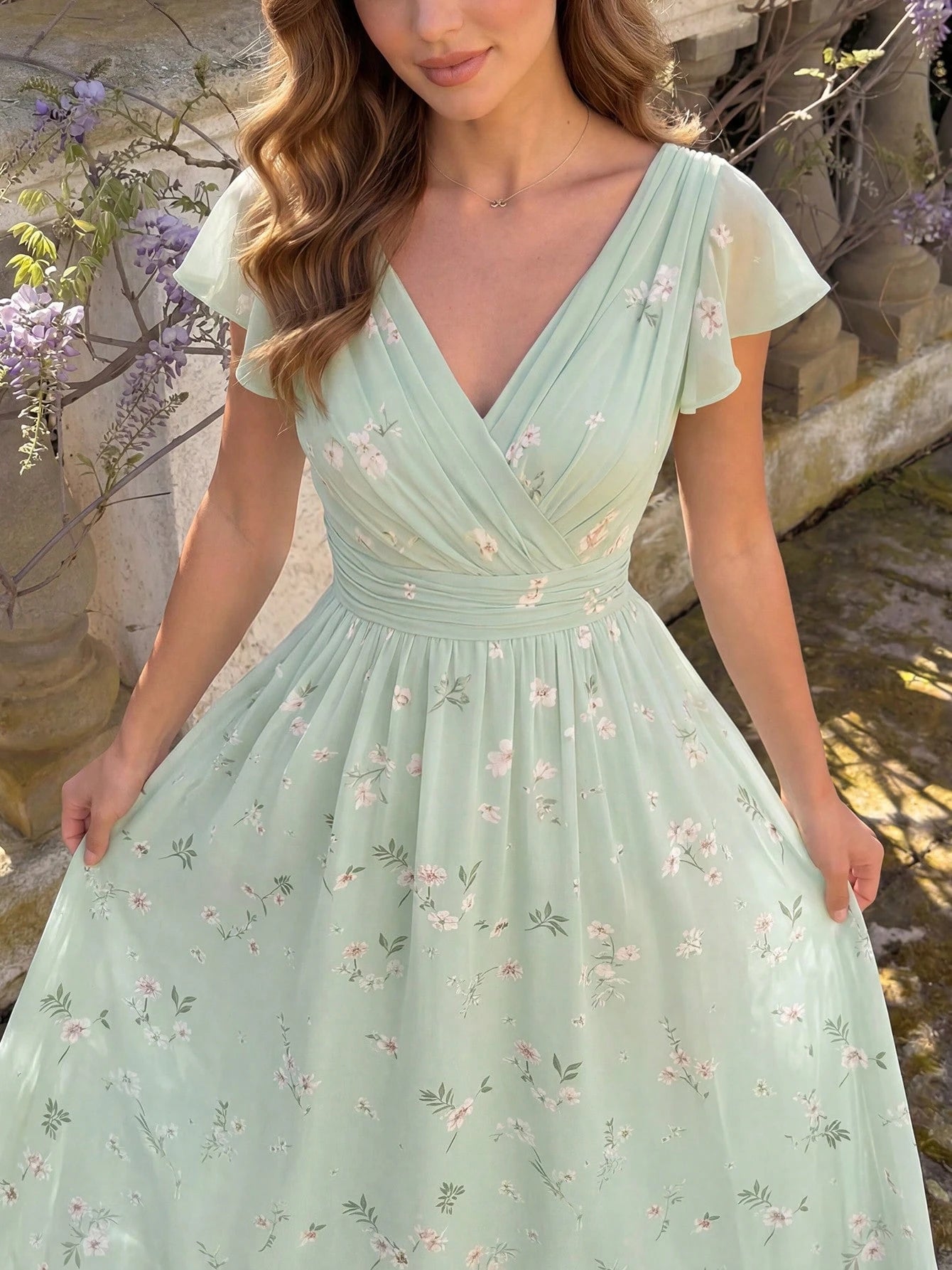 Elegant Chiffon Floral Print V-Neck Cashier Counter Dress, Vintage Fashionable Vacation Commute Vacation Wear For Women Mint Green Summer