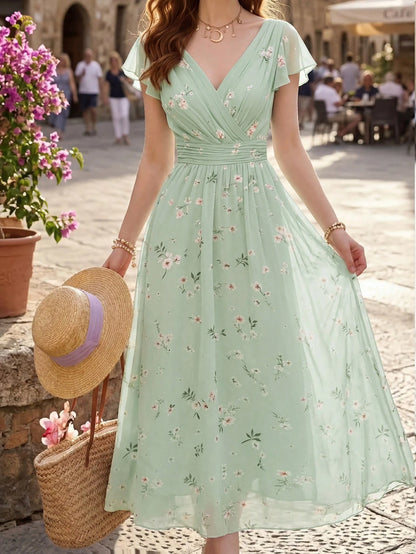Elegant Chiffon Floral Print V-Neck Cashier Counter Dress, Vintage Fashionable Vacation Commute Vacation Wear For Women Mint Green Summer