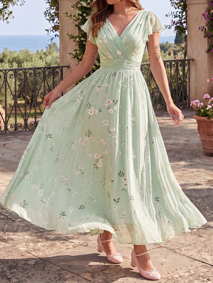 Elegant Chiffon Floral Print V-Neck Cashier Counter Dress, Vintage Fashionable Vacation Commute Vacation Wear For Women Mint Green Summer