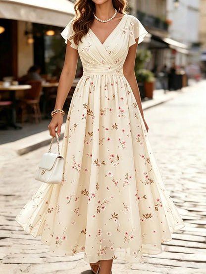 Elegant Chiffon Floral Print V-Neck Cashier Counter Dress, Vintage Fashionable Vacation Commute Vacation Wear For Women Mint Green Summer