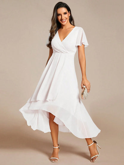 Elegant Chiffon V-Neck Pleated Front Yellow Bridesmaid Dress, Soft High-Low Ruffle Hem Suitable For Wedding Ceremony And Formal Evening Occ