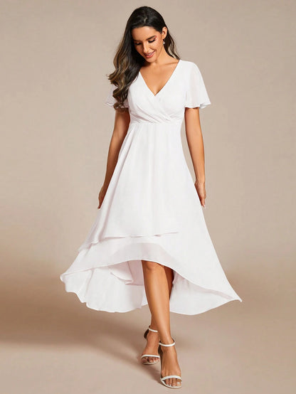 Elegant Chiffon V-Neck Pleated Front Yellow Bridesmaid Dress, Soft High-Low Ruffle Hem Suitable For Wedding Ceremony And Formal Evening Occ