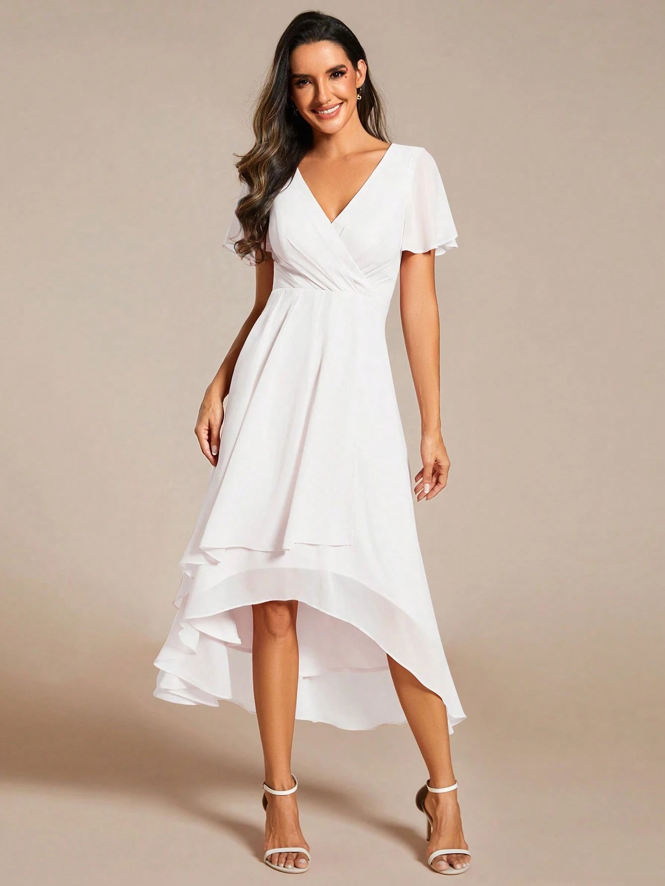 Elegant Chiffon V-Neck Pleated Front Yellow Bridesmaid Dress, Soft High-Low Ruffle Hem Suitable For Wedding Ceremony And Formal Evening Occ