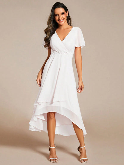 Elegant Chiffon V-Neck Pleated Front Yellow Bridesmaid Dress, Soft High-Low Ruffle Hem Suitable For Wedding Ceremony And Formal Evening Occ