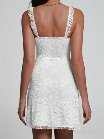 Elegant Fashion Ruffle Strap Bow Knot Lace Patchwork Sleeveless Fitted Mini Slip Dress White Summer Party